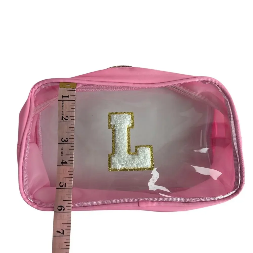 Pink Clear Initial L Makeup Bag Cosmetic Toiletry Travel Pouch Waterproof NWOT